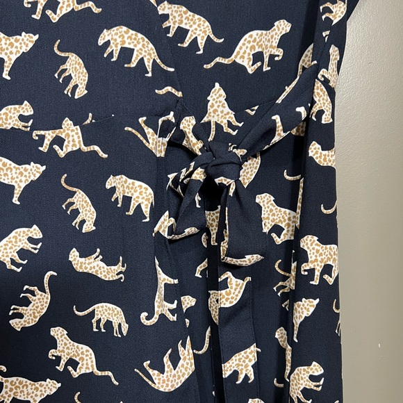 J Crew Factory Leopard Cheetah Wrap Dress Navy Blue Like New - Picture 2 of 6